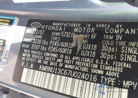 2007 Hyundai Veracruz Gls/Limited/Se из США, поврежденный, VIN KM8NU13C67U024016